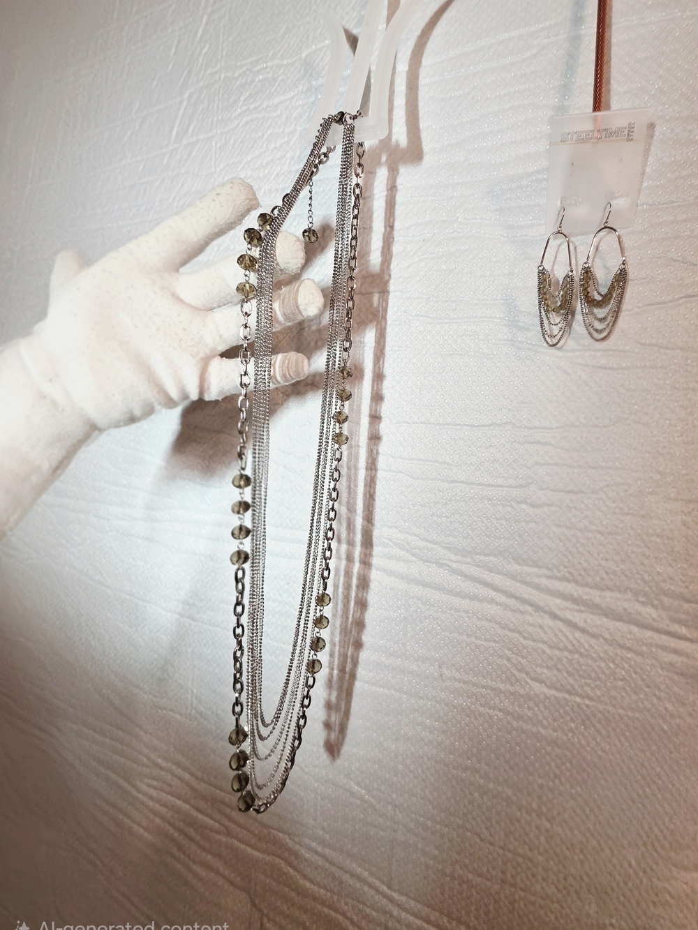 Layered Silver Necklace with Olive-Green Beads. Set With Matching Earrings.